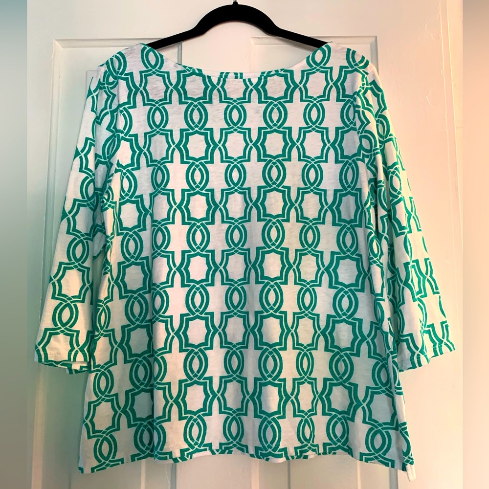 Chico’s geometric print cotton top boat neck 3/4 sleeve